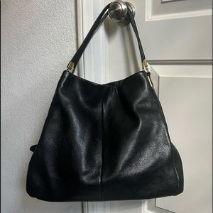 Coach madison phoebe black leather shoulder bag purse with purple satin lining